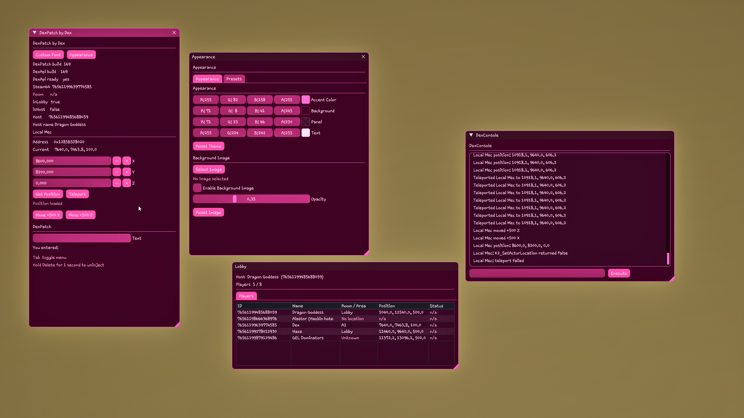 DexPatch overlay windows: main panel, appearance, lobby list, and DexConsole